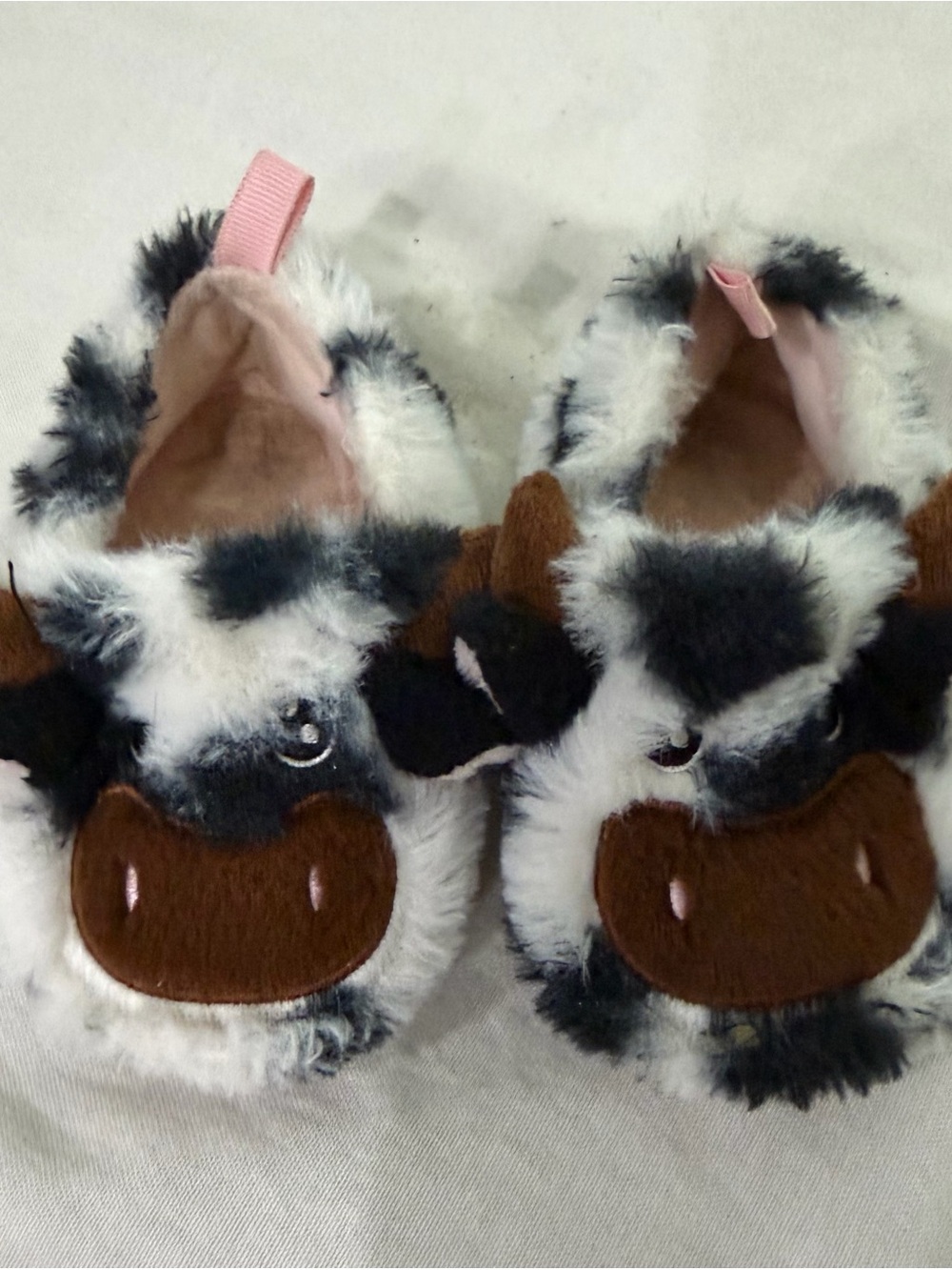 Fuzzy Cow Plush Baby Slippers in White, Black & Brown